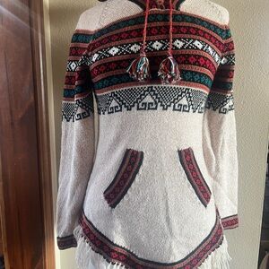Cozy Cream and Red Patterned Hoodie Sweater